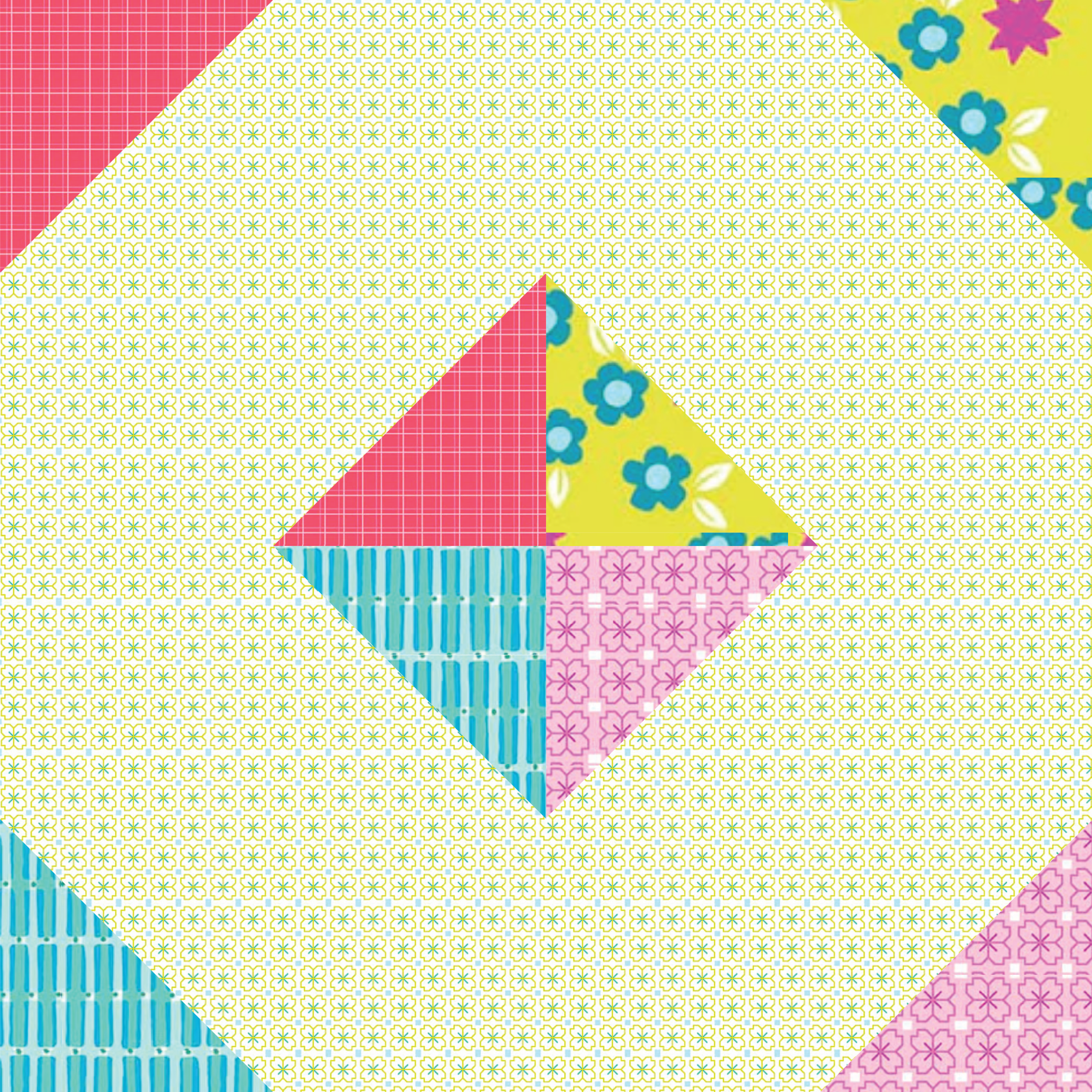 Colorful patchwork quilt square with geometric patterns on a light green background
