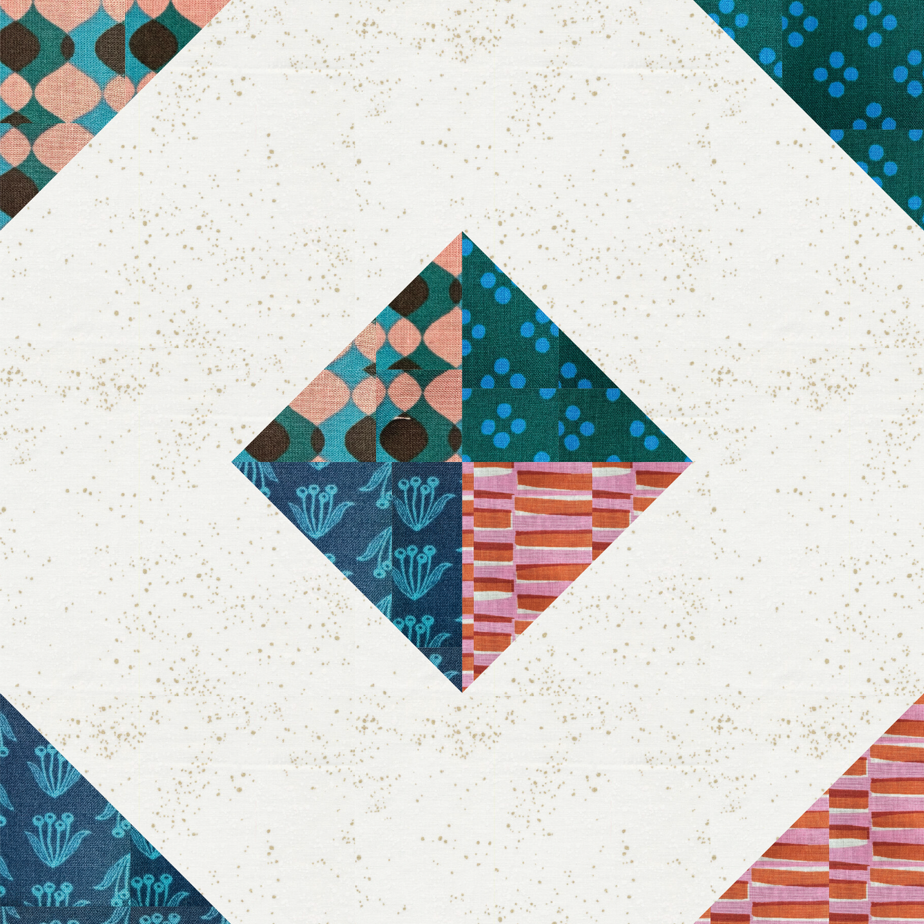 Colorful geometric quilt pattern with various shapes and patterns on a textured white background.