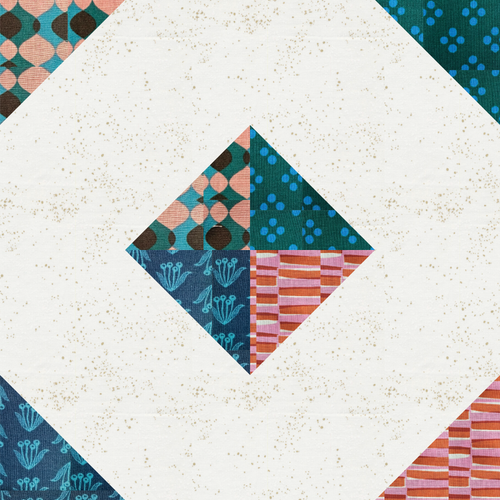 Colorful geometric quilt pattern with various shapes and patterns on a textured white background.