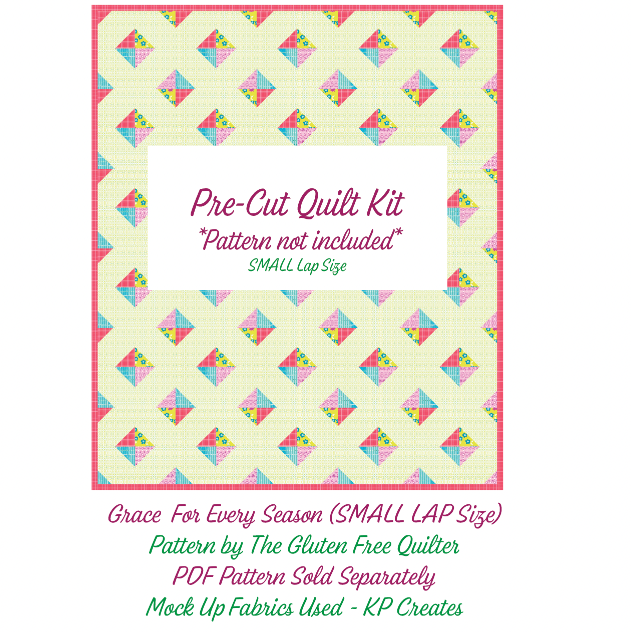 Pre-cut quilt kit packaging with colorful geometric pattern on a white background