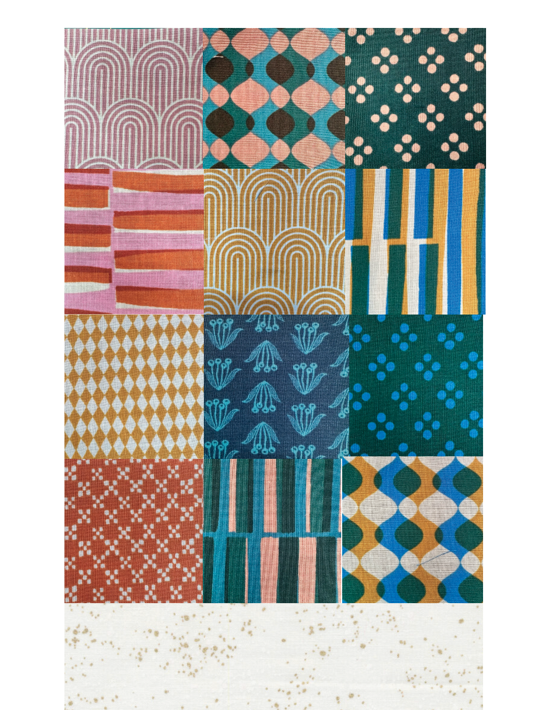 Multicolored patterned rug with geometric designs on a white background