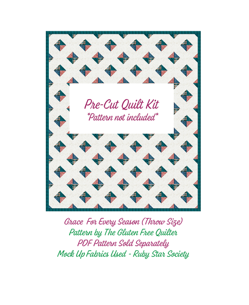 Pre-cut quilt kit packaging with geometric pattern and text on a white background